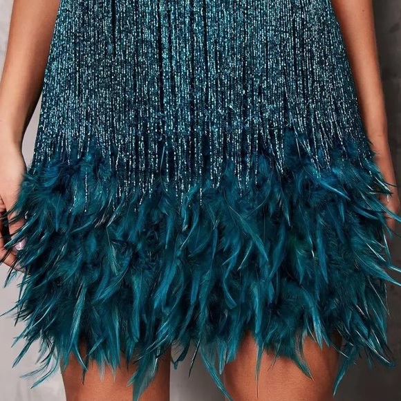 Emerald Ballerina Sexy Fringe Feather Mini Dress With Beaded Tassles - Picture 3 of 5